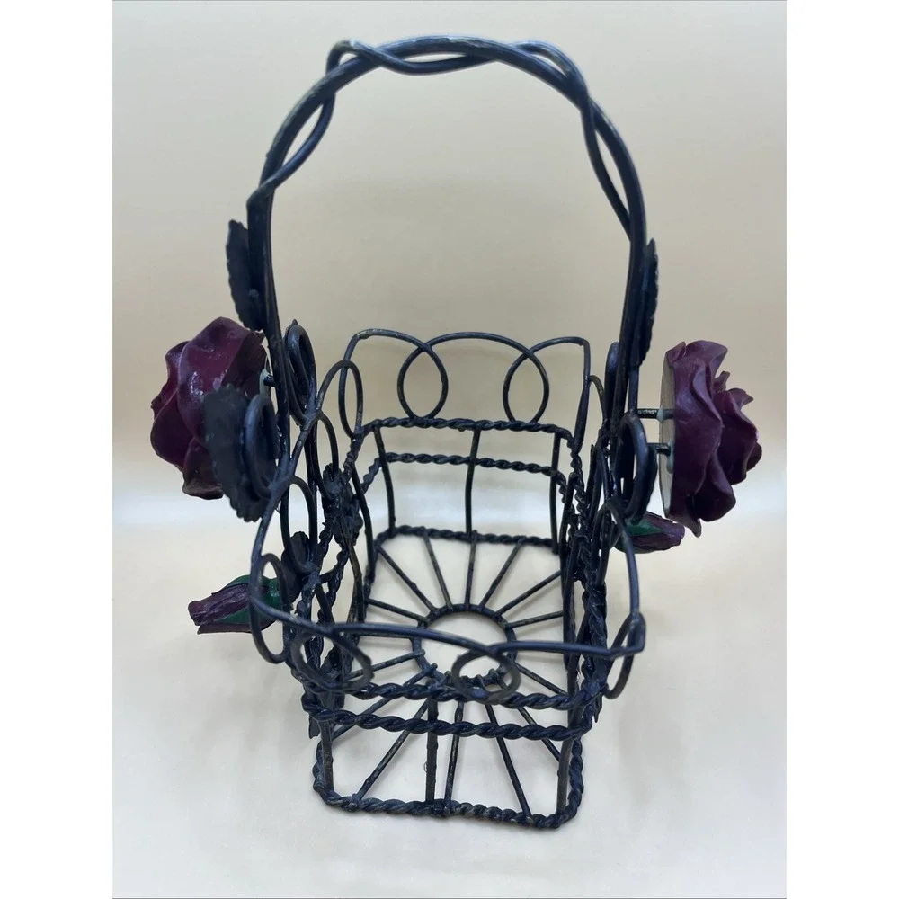 Metal Tole Purple Rose Wire Basket 7.5